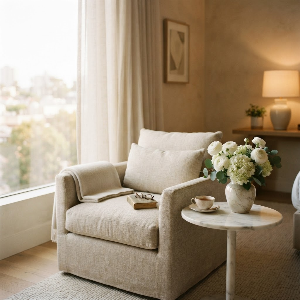 A calm sunlit reading corner in a boutique hotel suite with fresh flowers and morning light