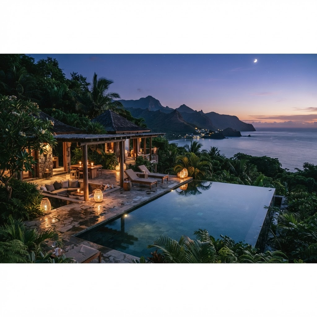 A secluded private villa with an infinity pool overlooking the ocean at dusk